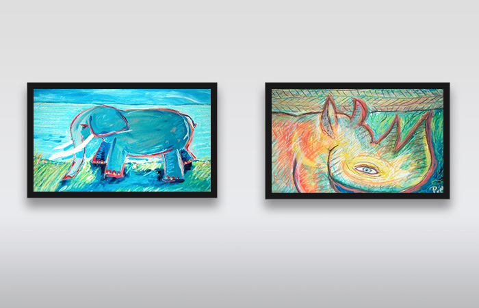 To malerier af et næsehorn og en elefant