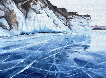 Akvarel maleri Is på fjorden af Galina Landbo malet i 