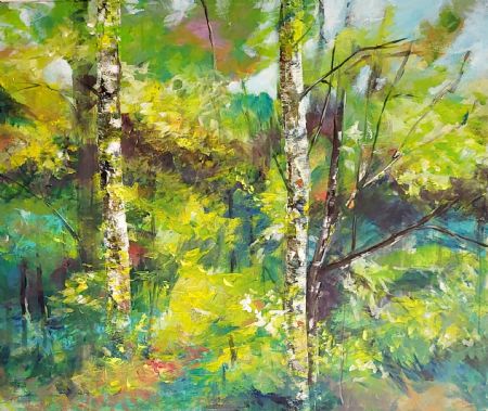 Akryl maleri I skoven af Ruth Christiansen malet i 2024