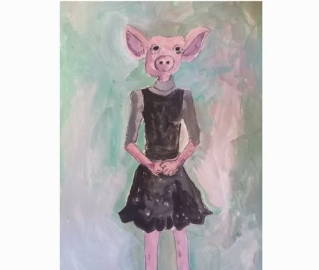 Blandede medier maleri Nervøs gris af Maja B Jensen malet i 2024