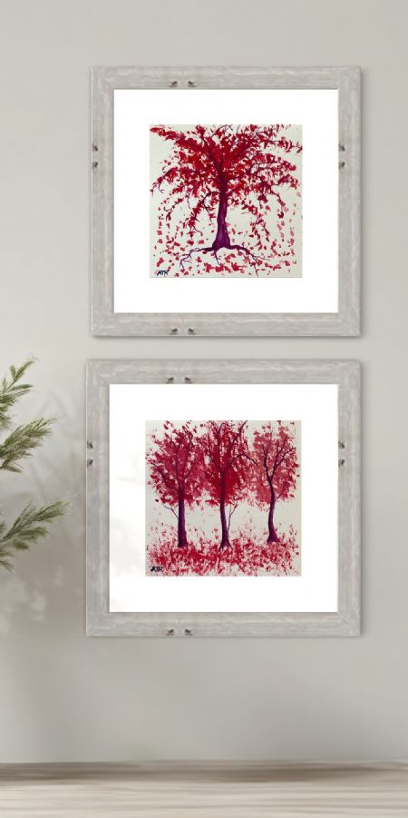 Akvarel maleri Akv - Red trees af Anette Thorup Hansen (ATH) malet i 2023