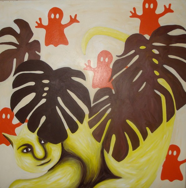 Akryl maleri Spøgelser og mis i stuen af Sab malet i 2008