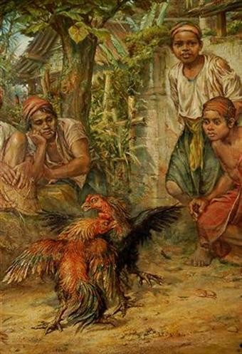 Olie maleri Cockfight, Indonesien af Osman Kilic malet i 1800