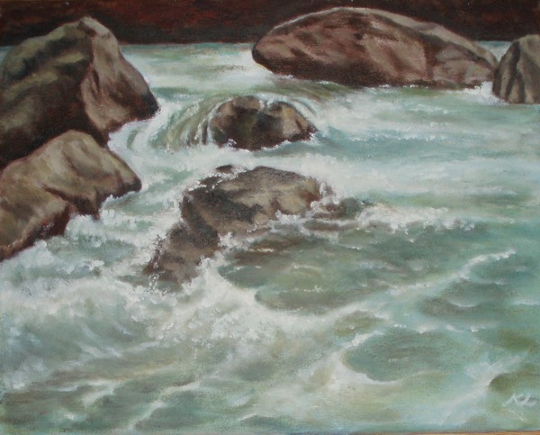 Olie maleri Stenene i vandet af Kirsten Kjær Larsen malet i 2004