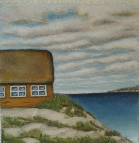 Akryl maleri Det lille hus ved havet af Kirsten Kjær Larsen malet i 2011