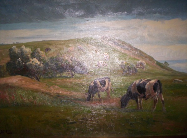 Olie maleri Køerne på marken af Gallerinavn ikke oplyst malet i 1111