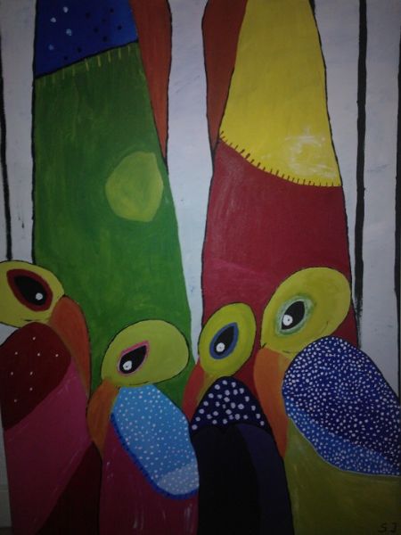 Akryl maleri fugle i bur af frøken Jensens malerier malet i 2013