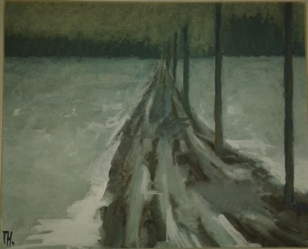 Akvarel maleri Vinterlandskab af Gallerinavn ikke oplyst malet i 1984