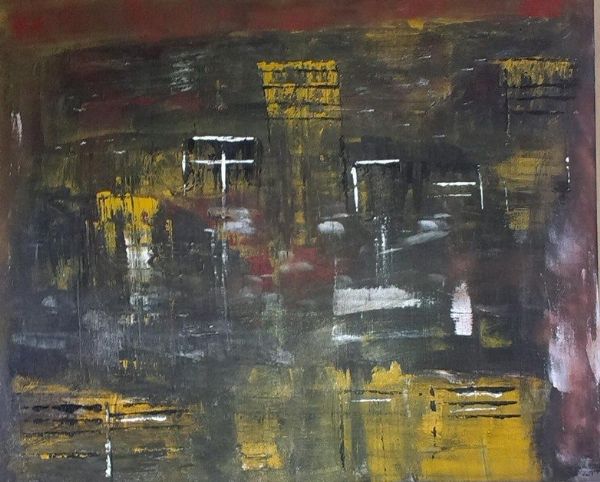 Akryl maleri Gylden by af Spørring malet i 2015