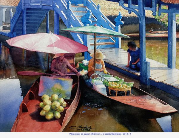 Akvarel maleri frugt salg ved floden af chesda merntook malet i 2012
