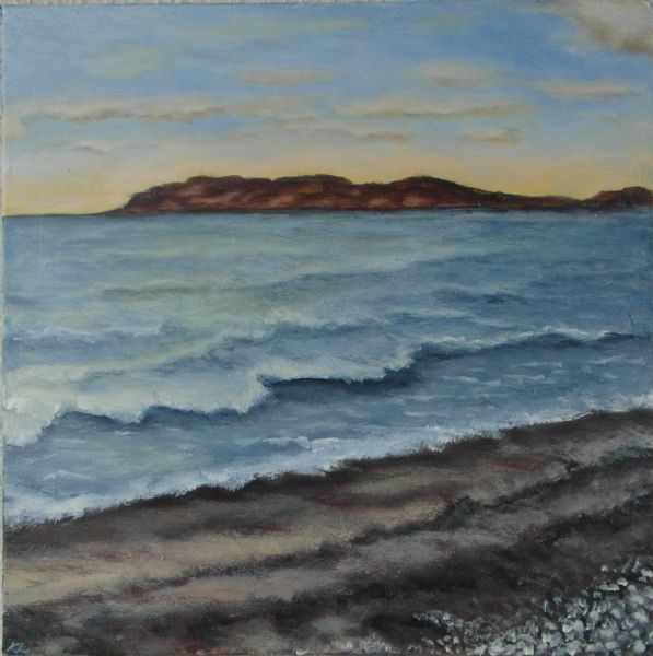Akryl maleri Himmel, hav og strand af Kirsten Kjær Larsen malet i 2016