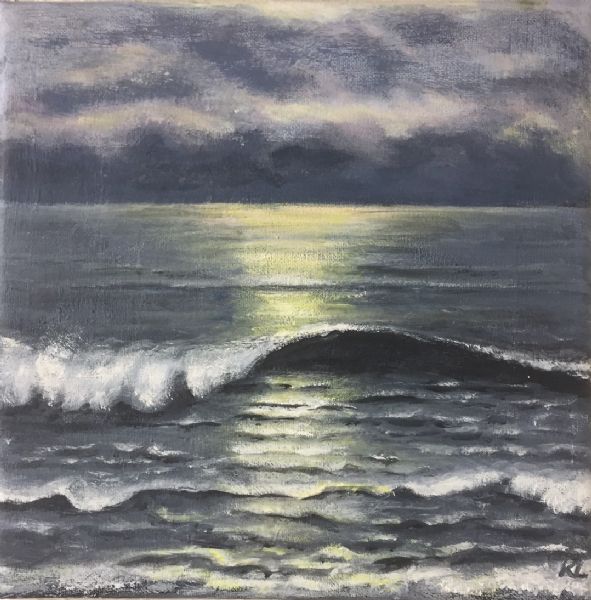 Akryl maleri Lys over havet. af Kirsten Kjær Larsen malet i 2017