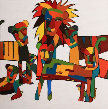Akryl maleri Løvefamilie af Merete Dahl malet i 2013