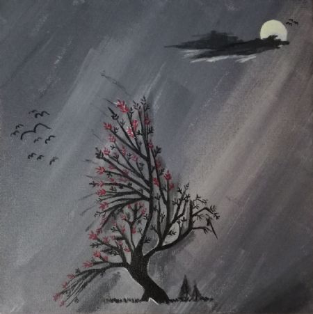 Akryl maleri Nattens flyvende træ af F.K.A malet i 2017