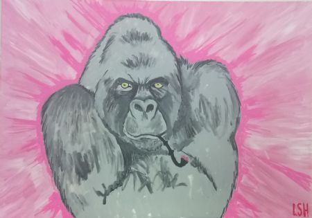 Digitalt billede af maleriet Pink gorilla med lakridspibe. Primær farve: Lysrød. Sekundær farve: Grå.