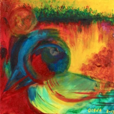 Akryl maleri Fugl i farver af Oleva malet i 2013