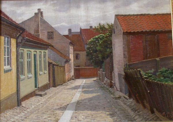 Olie maleri Grønnegade af Gallerinavn ikke oplyst malet i 1918