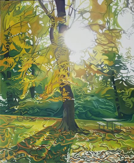 Olie maleri Sol ved Kongens Ege 2 af Marie Fredborg Jungersen malet i 2019