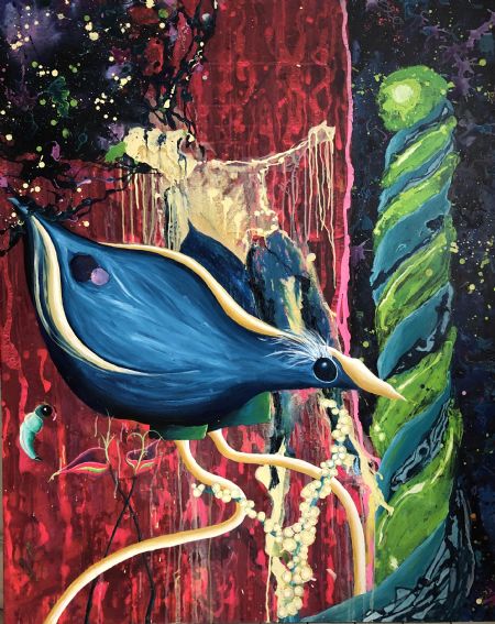 Akryl maleri Fugl i skov om natten af Kristoffer Milling malet i 2016