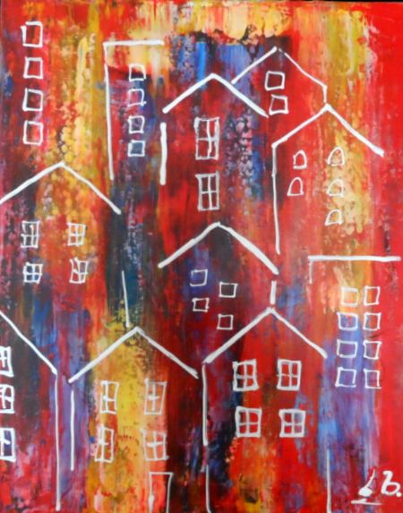 Akryl maleri Red houses af Laila bollerslev malet i 2018