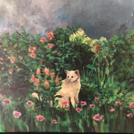 Akryl maleri kat i i haven af Matilde Eriksen malet i 2020