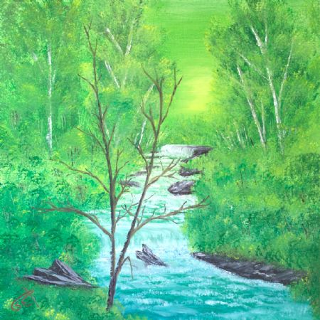 Olie maleri Vandløb i en grøn skov af Solveig Thimm-Winther malet i 2020