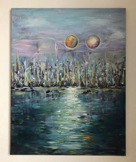 Akryl maleri Sol og måne af Dorrit Wagner malet i 