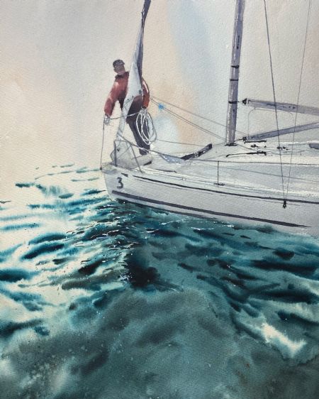 Akvarel maleri Yacht Tyrkis af Eugenia Melamud malet i 2021