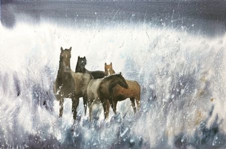 Akvarel maleri Hestene af Eugenia Melamud malet i 2021