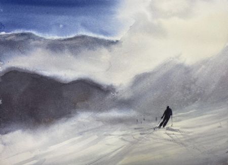 Akvarel maleri Ski af Eugenia Melamud malet i 2020