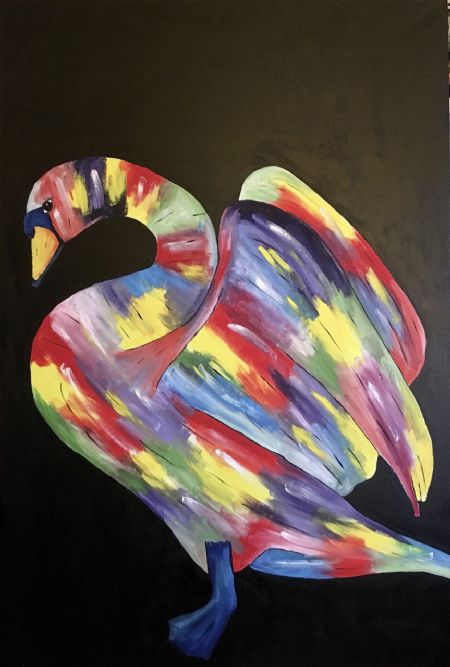 Blandede medier maleri Svane multicolor af Christina Lind malet i 2019