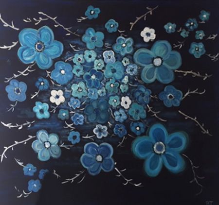 Akryl maleri Retro blomster Blå af Bettina Thomsen malet i 2020