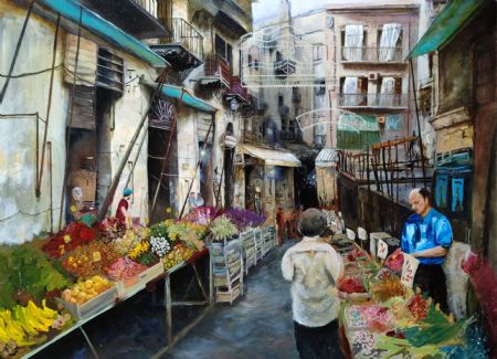 Olie maleri Handlende i Palermo af Kim Ekdahl malet i 2021
