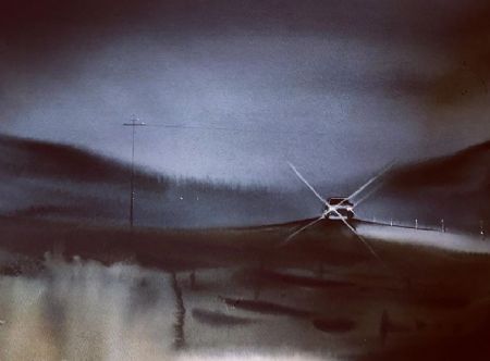 Akvarel maleri Om natten (på vej) af Eugenia Melamud malet i 2021