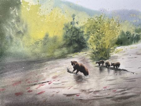 Akvarel maleri Bjørn med unger af Eugenia Melamud malet i 2022