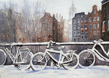 Akvarel maleri Vinter i byen af Galina Landbo malet i 