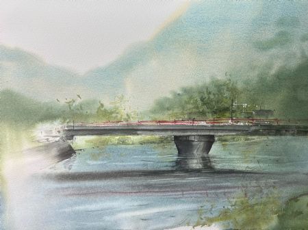 Akvarel maleri Den japanske bro af Eugenia Melamud malet i 2022