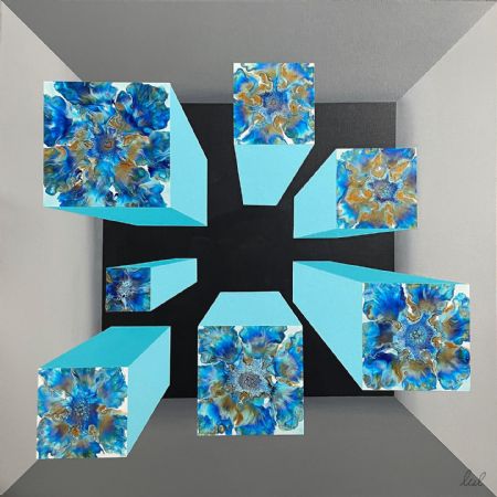 Akryl maleri Squared Flower Blue af Lene Unmack Larsen malet i 2022