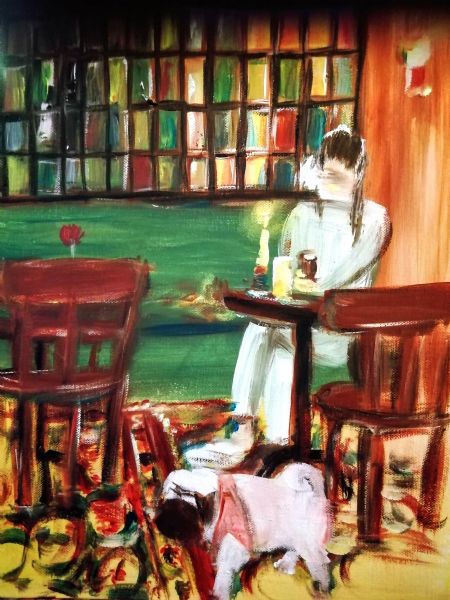 Akryl maleri Pige og hund på cafe intime af Bruun Falck malet i 2022