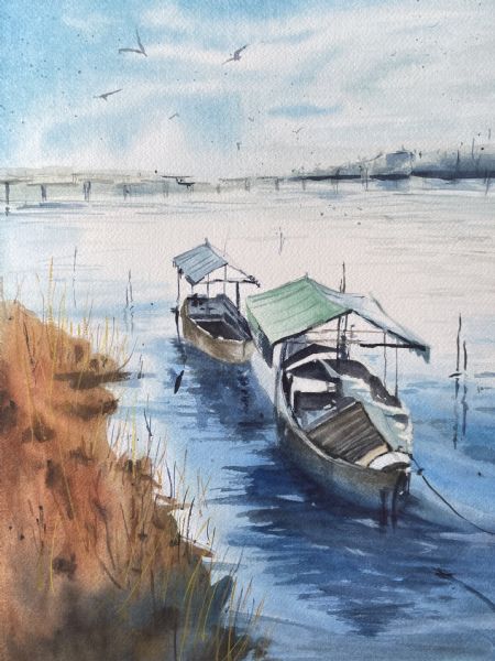 Akvarel maleri Japanese riverboats af Galina Landbo malet i 