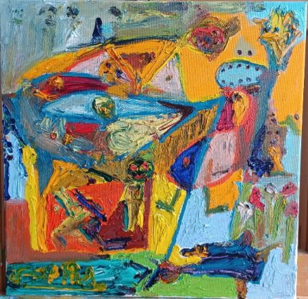Olie maleri En spand med fisk og så videre af Peter Preisler malet i 2022