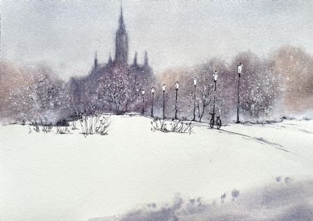 Akvarel maleri Vinter i byen af Galina Landbo malet i 