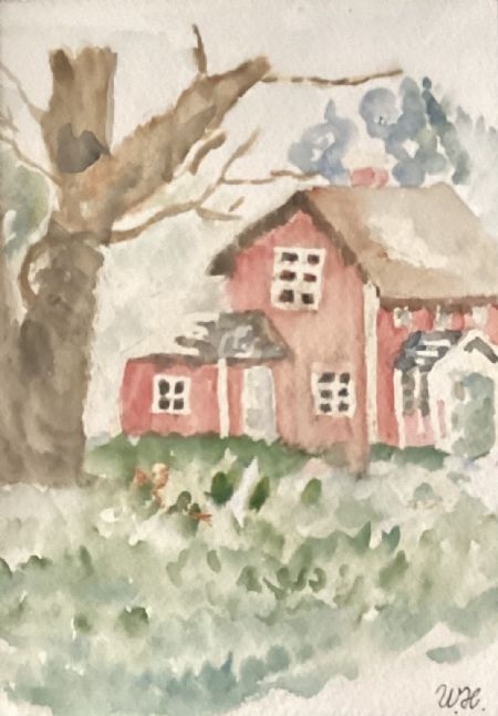 Akvarel maleri Rødt hus af Winnie Huniche malet i 