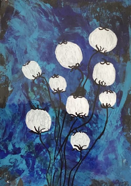  maleri Hvide blomster af Winnie Huniche malet i 