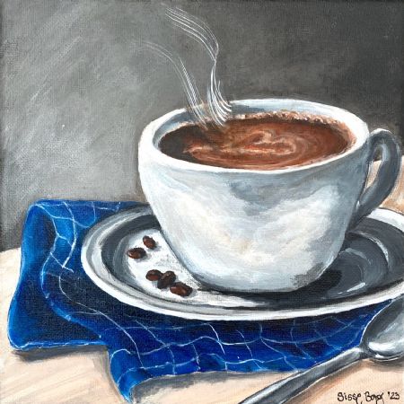 Akryl maleri Kaffestund af Sisse Borg malet i 2023