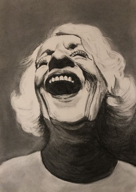 Kul maleri Old woman laughing af Linda Skipper malet i 2023
