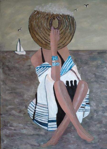 Akryl maleri Lady on the Beach blå af Sadedin Asanovski malet i 2023