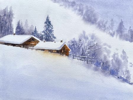 Akvarel maleri Vinter af Galina Landbo malet i 