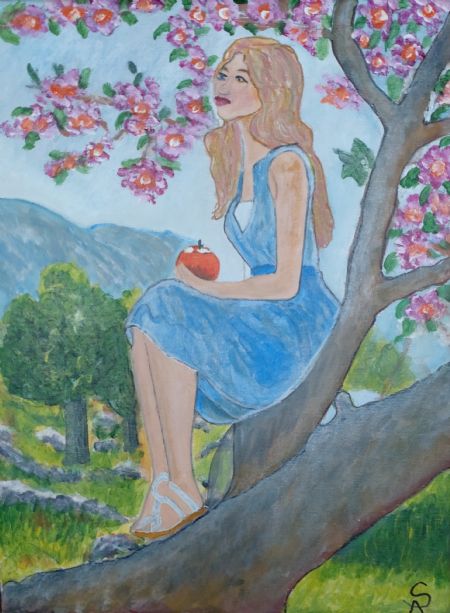 Akryl maleri Damen på træet af Sadedin Asanovski malet i 2023