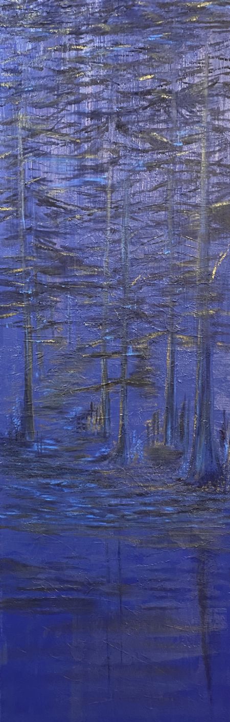 Akryl maleri Blå skov - et hemmeligt møde/ a secret rendezvous af Anette Thorup Hansen (ATH) malet i 2024